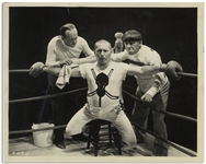 10" x 8" Glossy Photo From the 1934 Three Stooges Film "Punch Drunks" -- Diagonal Crease at Left, Else Very Good Condition